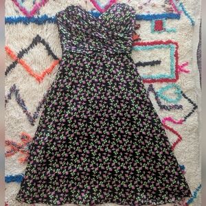Vintage Betsey Johnson Bustier Black Dress with Pink Roses and Lime Green Leaves
